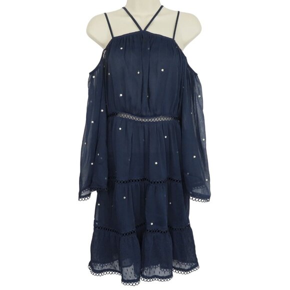 Aqua Women Small Navy Blue Polka Dot Dotted Cold Shoulder Long Sleeve Dress NEW - Picture 1 of 12